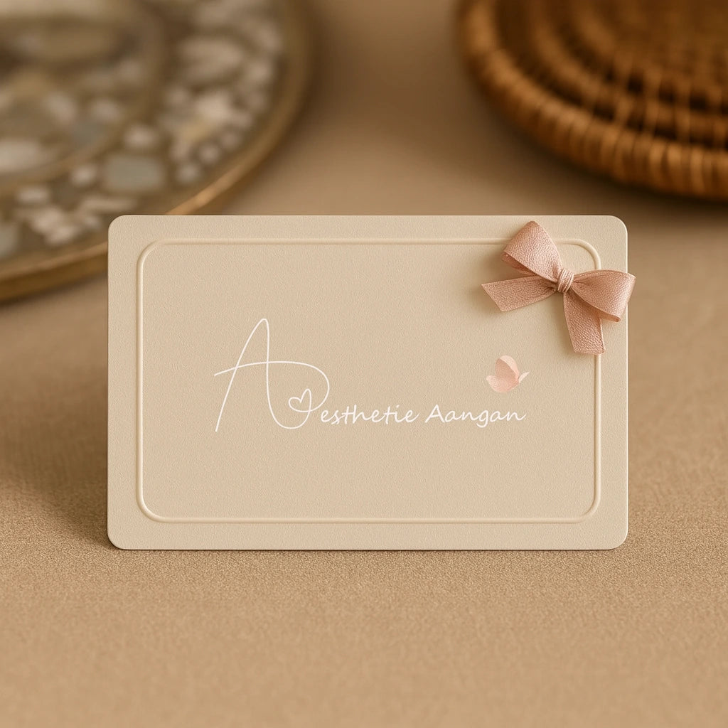 Aesthetic Aangan digital gift card on beige background with blush ribbon and blurred rattan tray in the background.