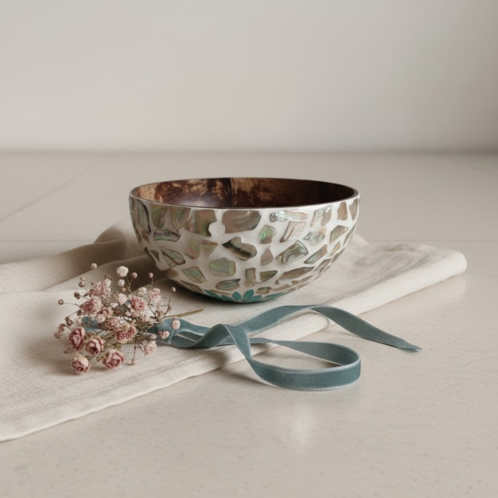 Aqua Bloom Coconut Bowl styled as a handcrafted gift with flowers and ribbon