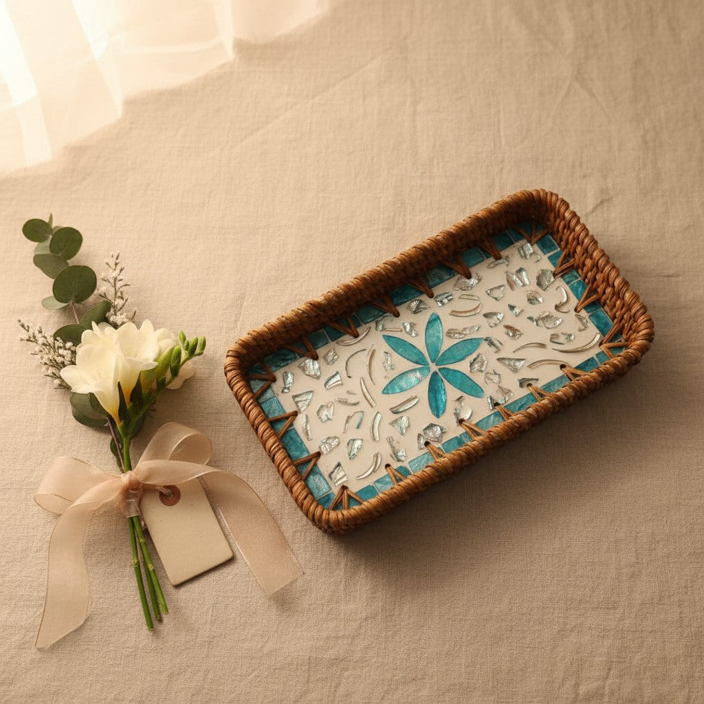 Aqua Daisy Vanity Tray styled as a handcrafted gift with flowers and soft neutral accents