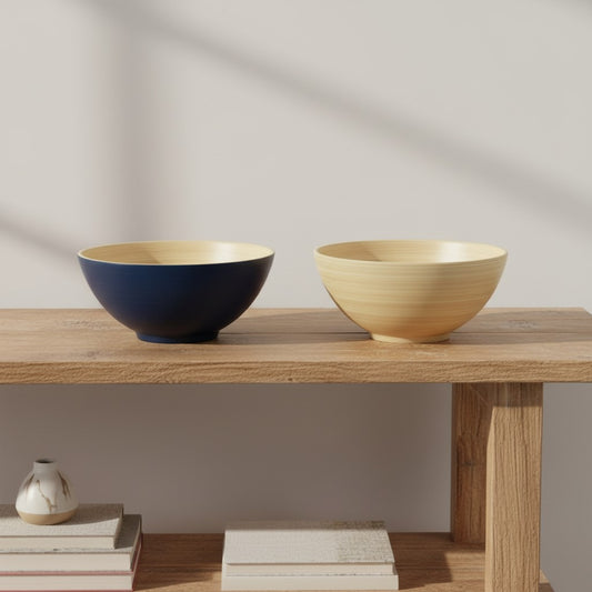 Natural and Deep Blue spun bamboo bowls styled together on a wooden shelf