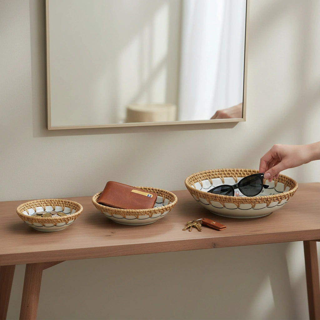 Dragonfly Drift rattan-rim ceramic bowls on a console table, being placed for everyday use, showing bowl depth and size