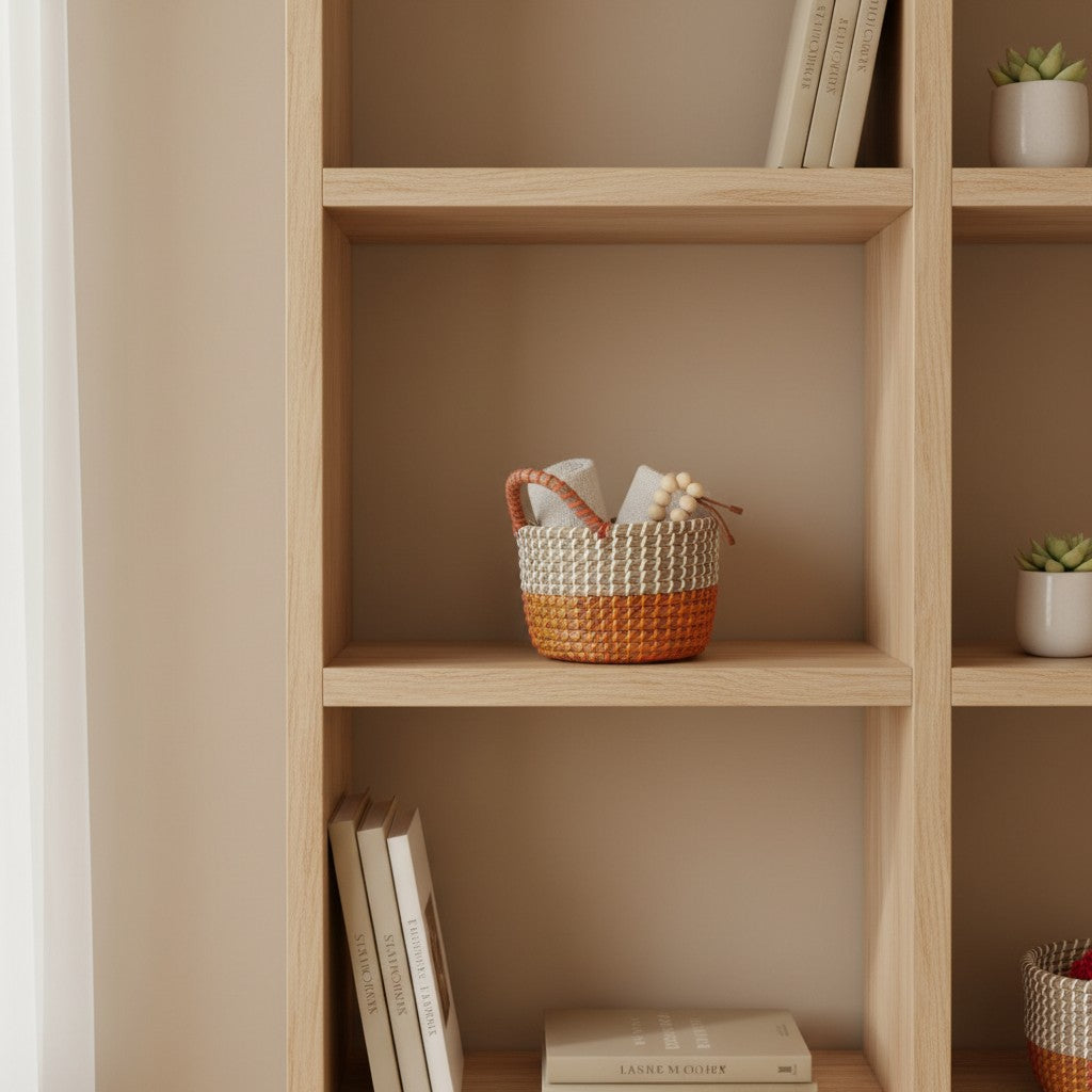 Ember Weave Multipurpose Basket styled on a wooden shelf in a neutral home setting