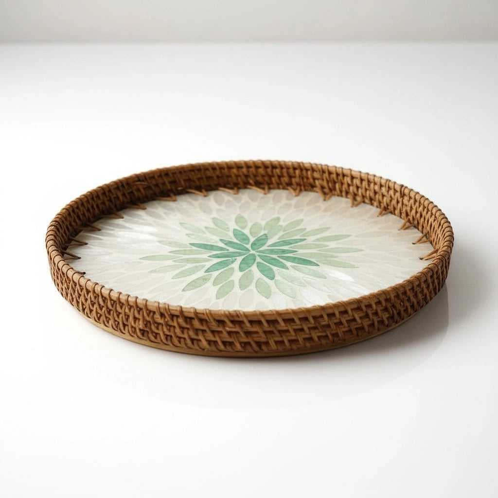 Emerald Petal Mother of Pearl Round Tray with Rattan Rim Side View on a white background