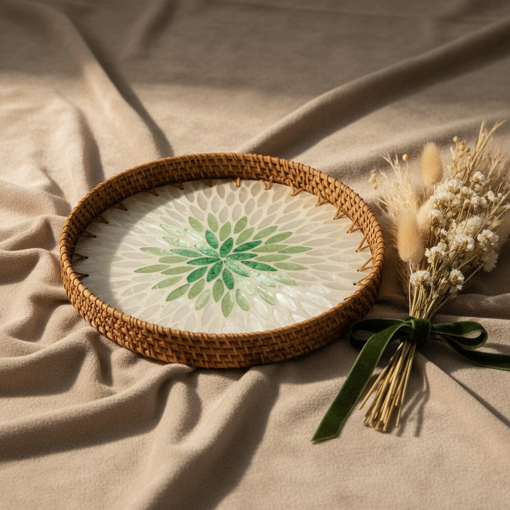 Emerald Petal round tray styled with flowers for gifting or festive decor