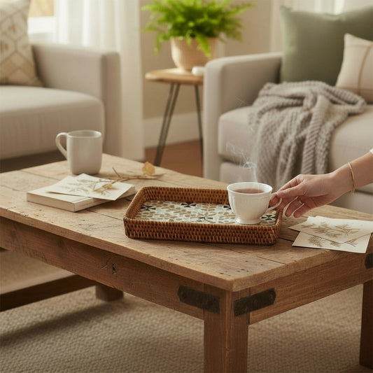 Rectangular decorative serving tray on coffee table with cups; mother-of-pearl inlay and rattan rim