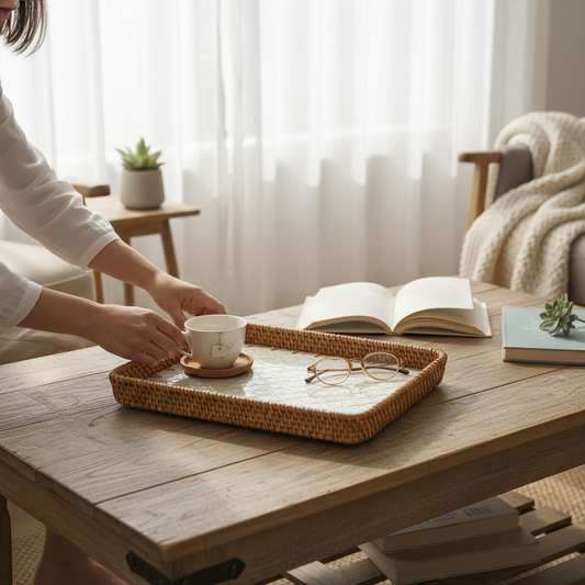 Coastal Pearl Rectangular Tray used for serving snacks on a wooden coffee table