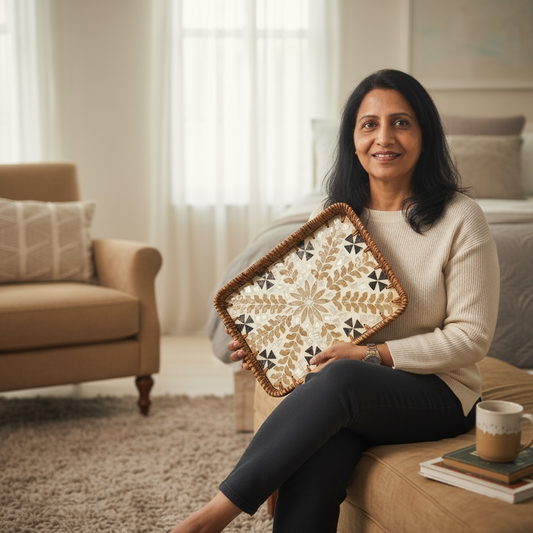 Aesthetic Aangan Founder holding rectangular mother-of-pearl decorative tray with rattan rim; clear size reference.