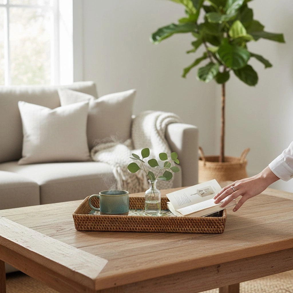 Lagoon Bloom rectangular tray used on a side table to hold candles and home décor accents
