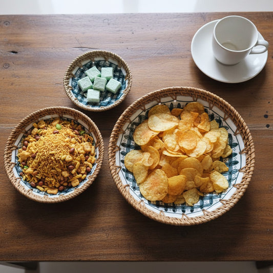 Midnight Bloom Set of 3 Ceramic Bowls with Rattan Rim on Coffee Table Serving Snacks