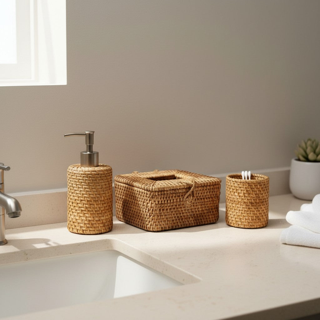Natural rattan bathroom counter set with soap dispenser, tissue box and utility holder beside a sink