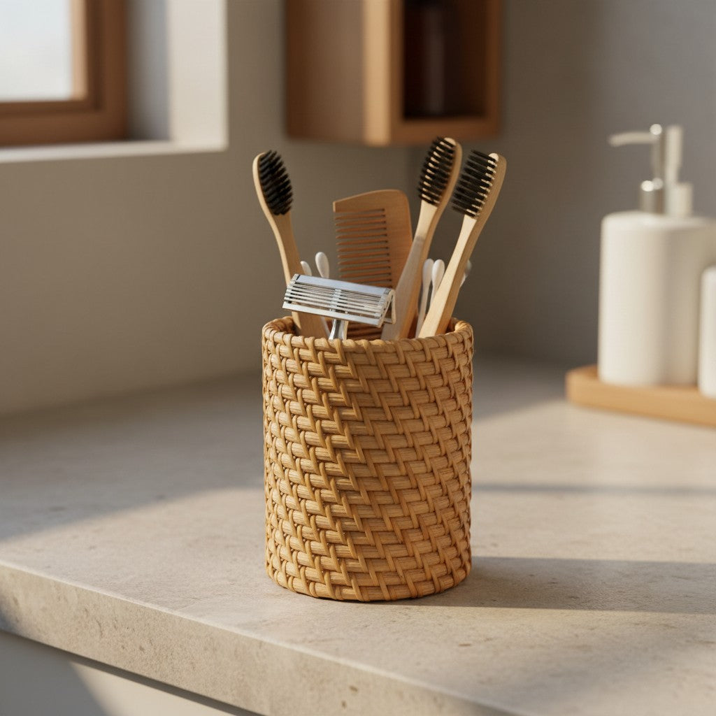 Natural Rattan Utility Holder used as a bathroom organiser for toothbrushes and grooming essentials