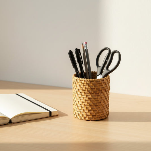 Natural Rattan Utility Holder styled as a pen stand on a work desk