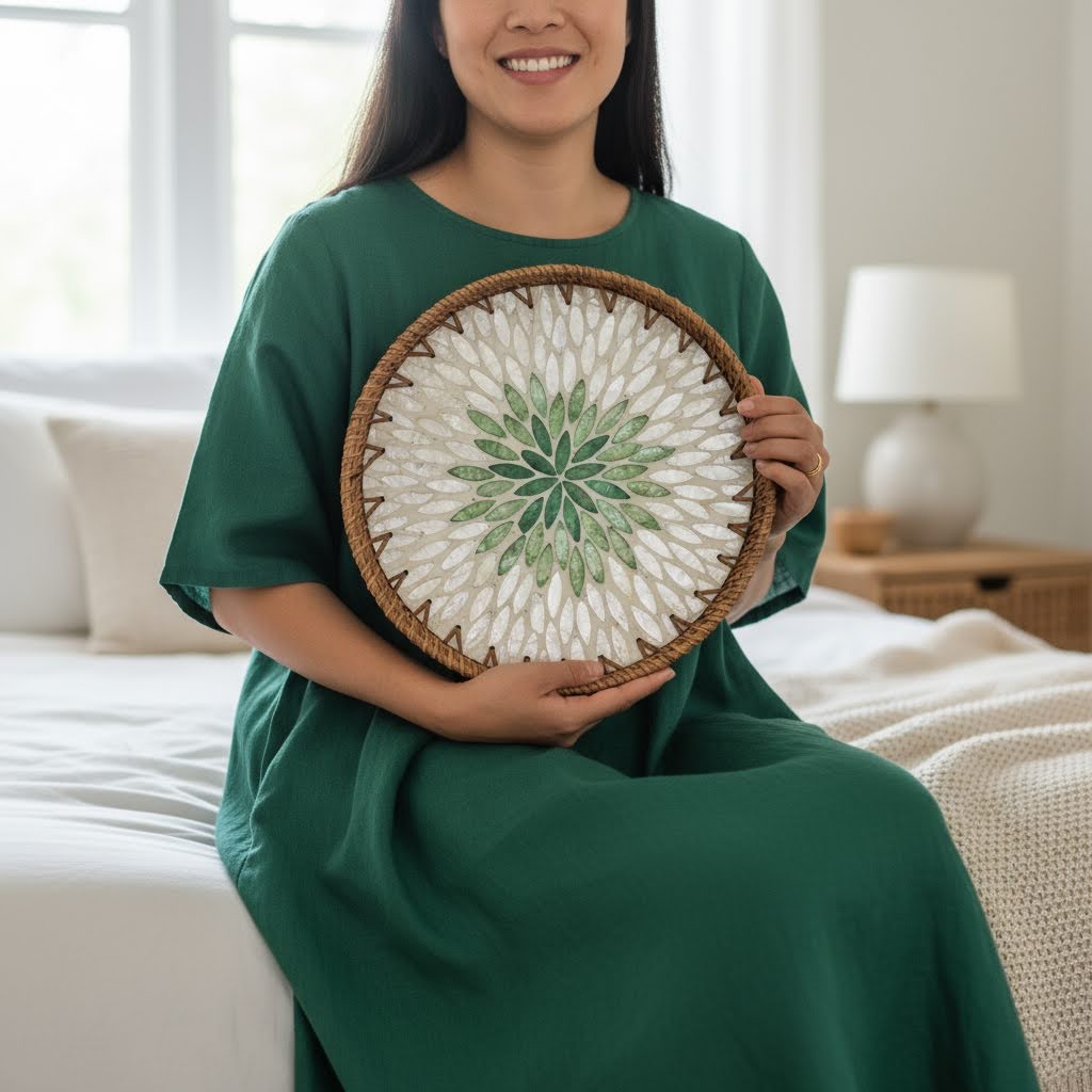 Emerald Petal Round Tray | Mother-of-Pearl Mosaic with Hand-Woven Rattan Rim