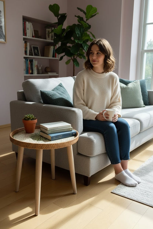 Round rattan and mother-of-pearl side table next to sofa in living room