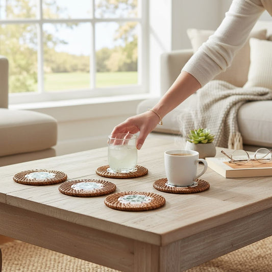 Tea/Coffee and juice glass placed on rattan coasters on a living room table