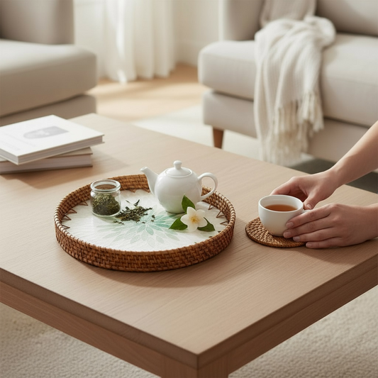 Mother-of-pearl rattan tray on a living-room coffee table with tea set — lifestyle styling