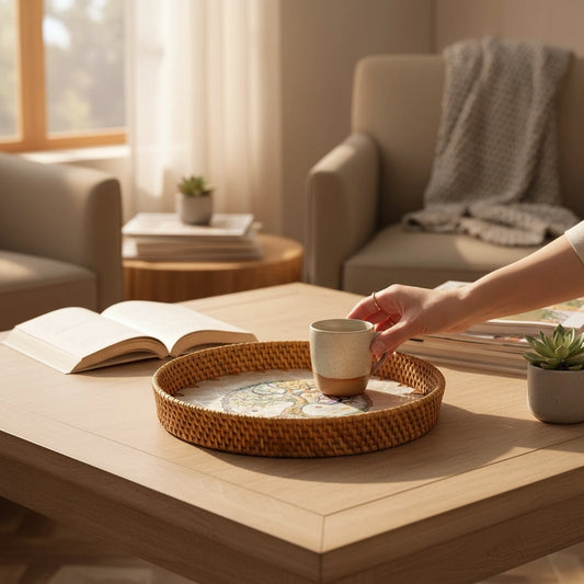 Tree of Life rattan tray styled on a living room coffee table with cups and decor