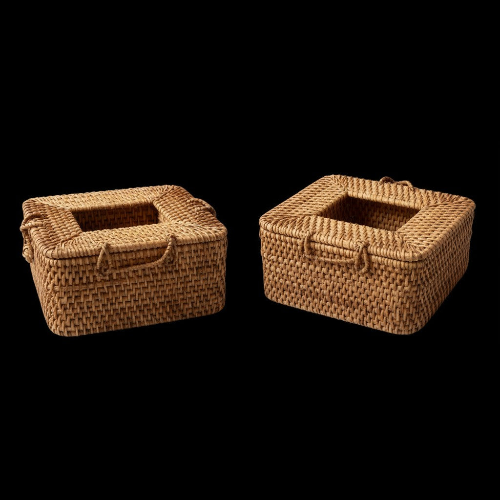 Two square rattan tissue box covers on a black background, showing lid and base separately
