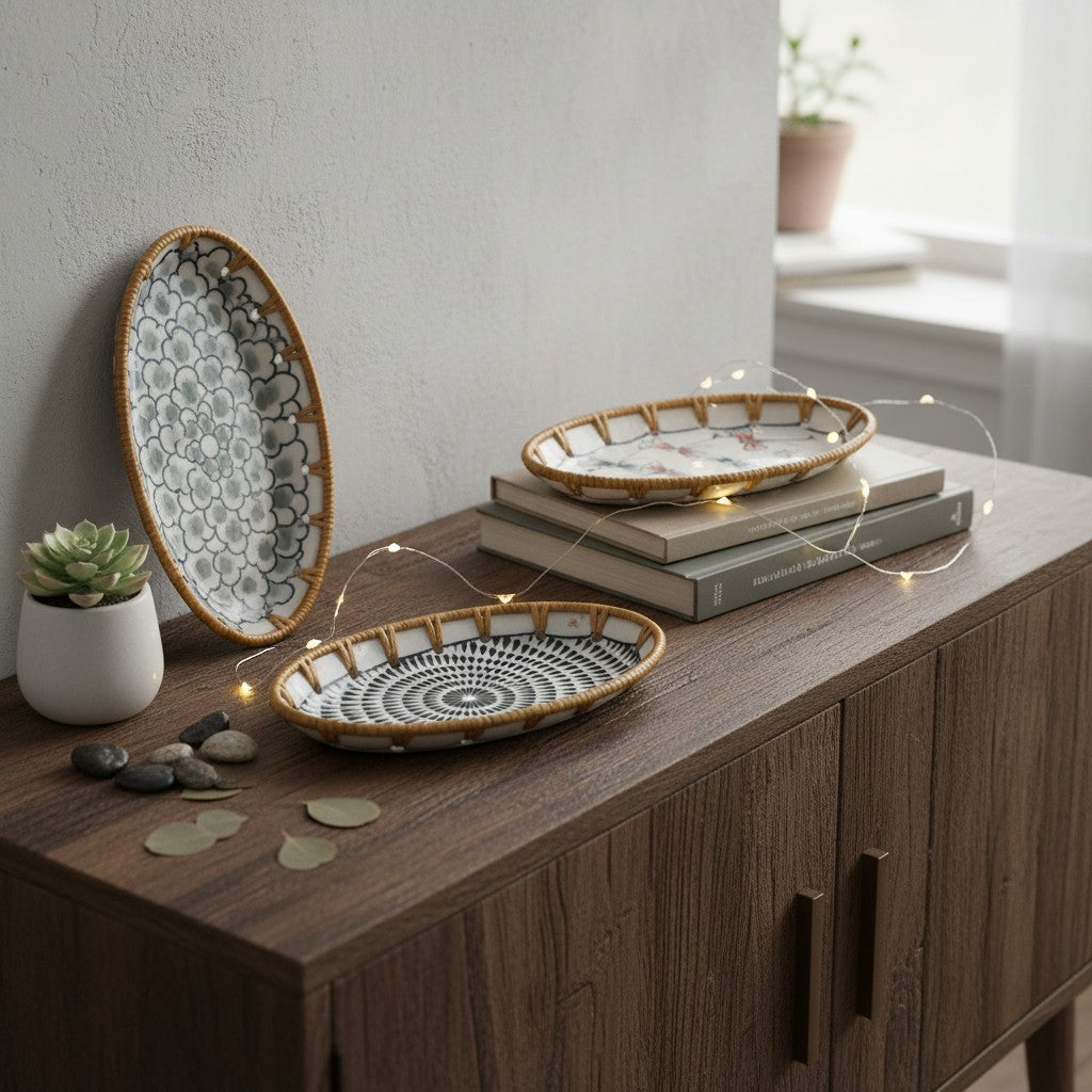Oval ceramic rattan tray set stylised on console