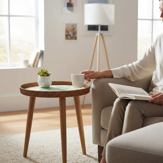 Round side table beside armchair for tea, books and lamp lighting