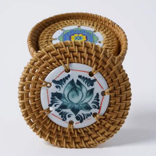 Woven rattan coaster holder with one decorative coaster displayed upright