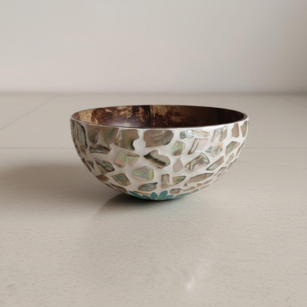 Handcrafted coconut bowl with dark natural shell interior and pearly inlay exterior
