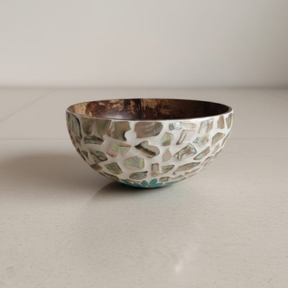 Handcrafted coconut bowl with dark natural shell interior and pearly inlay exterior