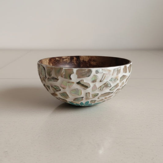 Handcrafted coconut bowl with dark natural shell interior and pearly inlay exterior