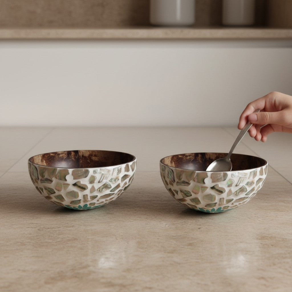 Aqua Bloom Coconut Bowl set of 2 styled for dry serving and table decor