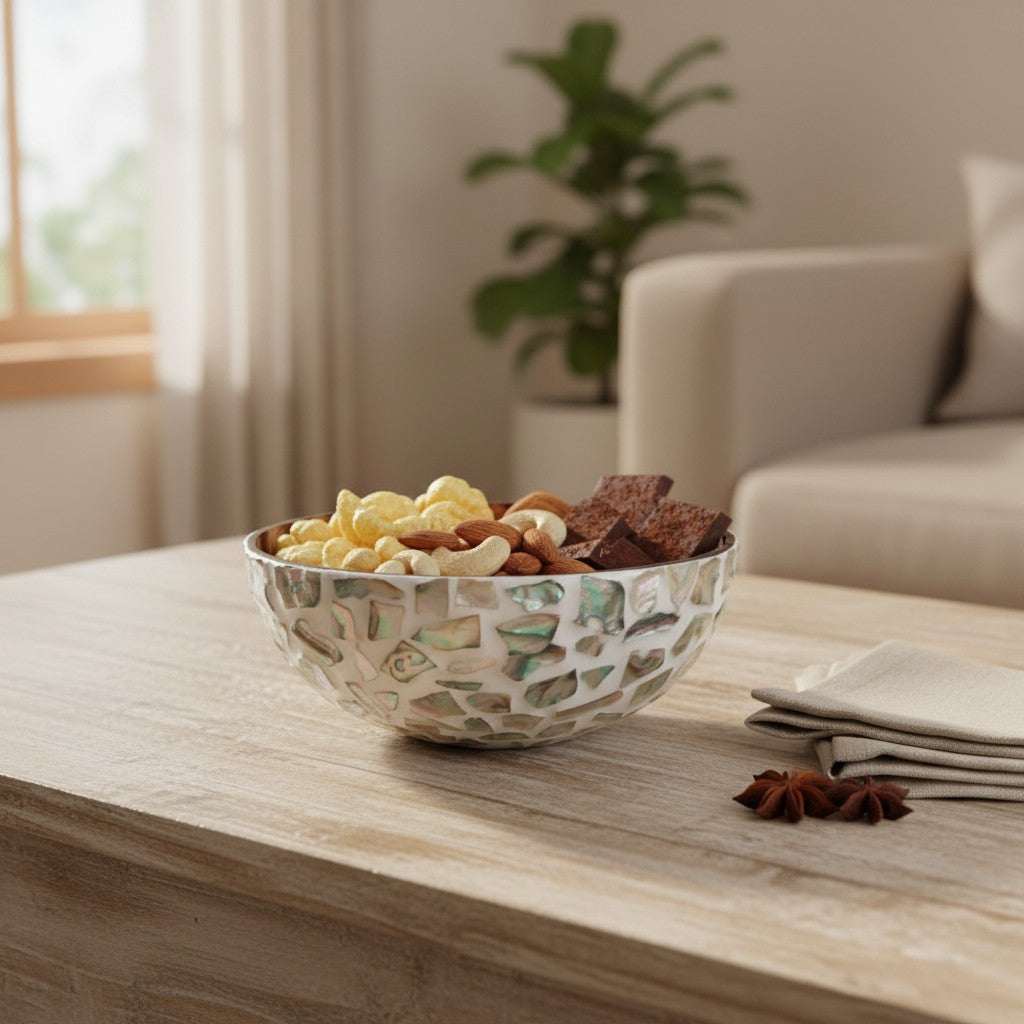 Aqua Bloom Coconut Bowl styled with dry snacks on a coffee table