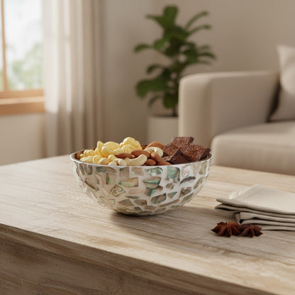 Aqua Bloom Coconut Bowl styled with dry snacks on a coffee table