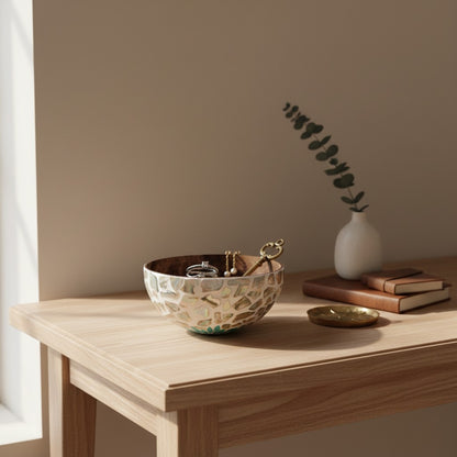 Aqua Bloom Coconut Bowl styled as a decorative accent on a console table