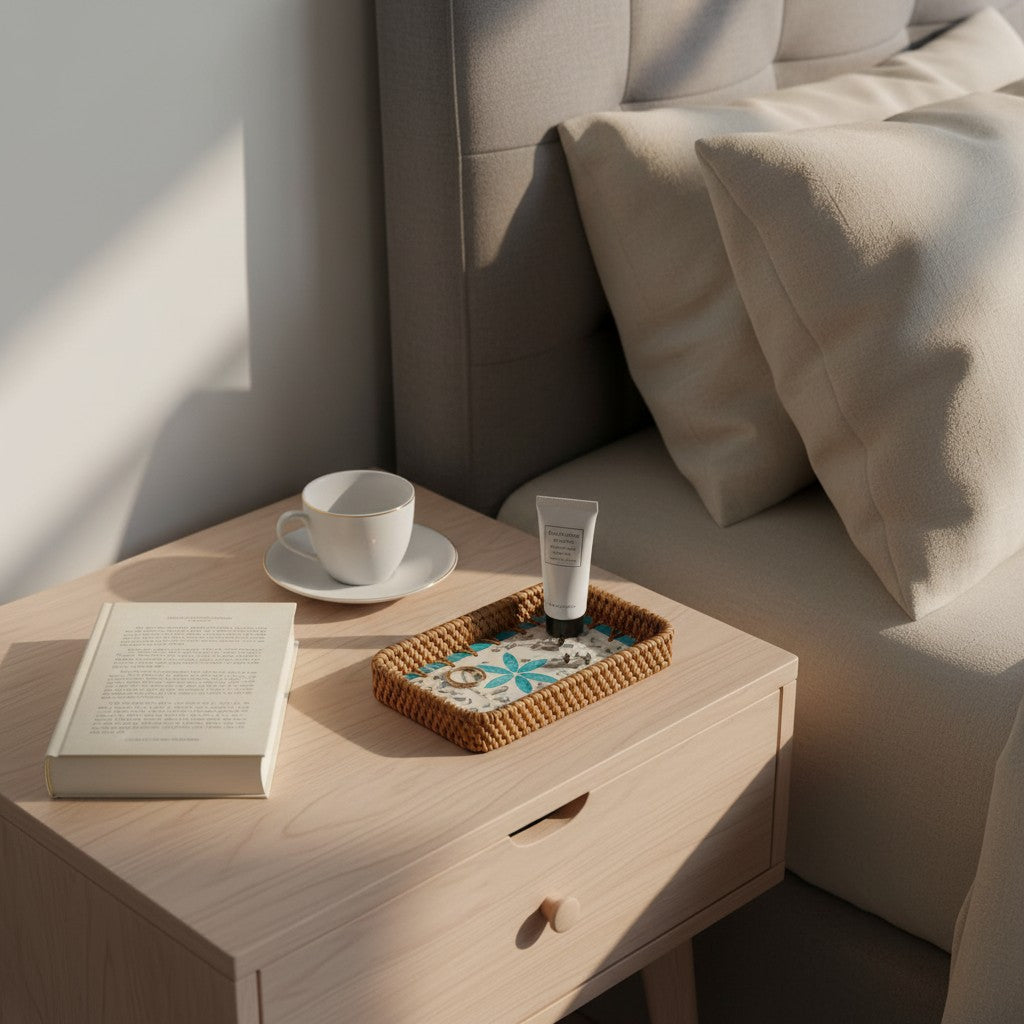 Aqua Daisy Vanity Tray styled on a bedside table with a cup, book and daily essentials