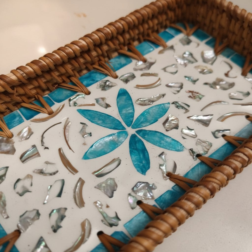 Close-up of Aqua Daisy Vanity Tray showing aqua floral inlay, shell details and woven rattan border