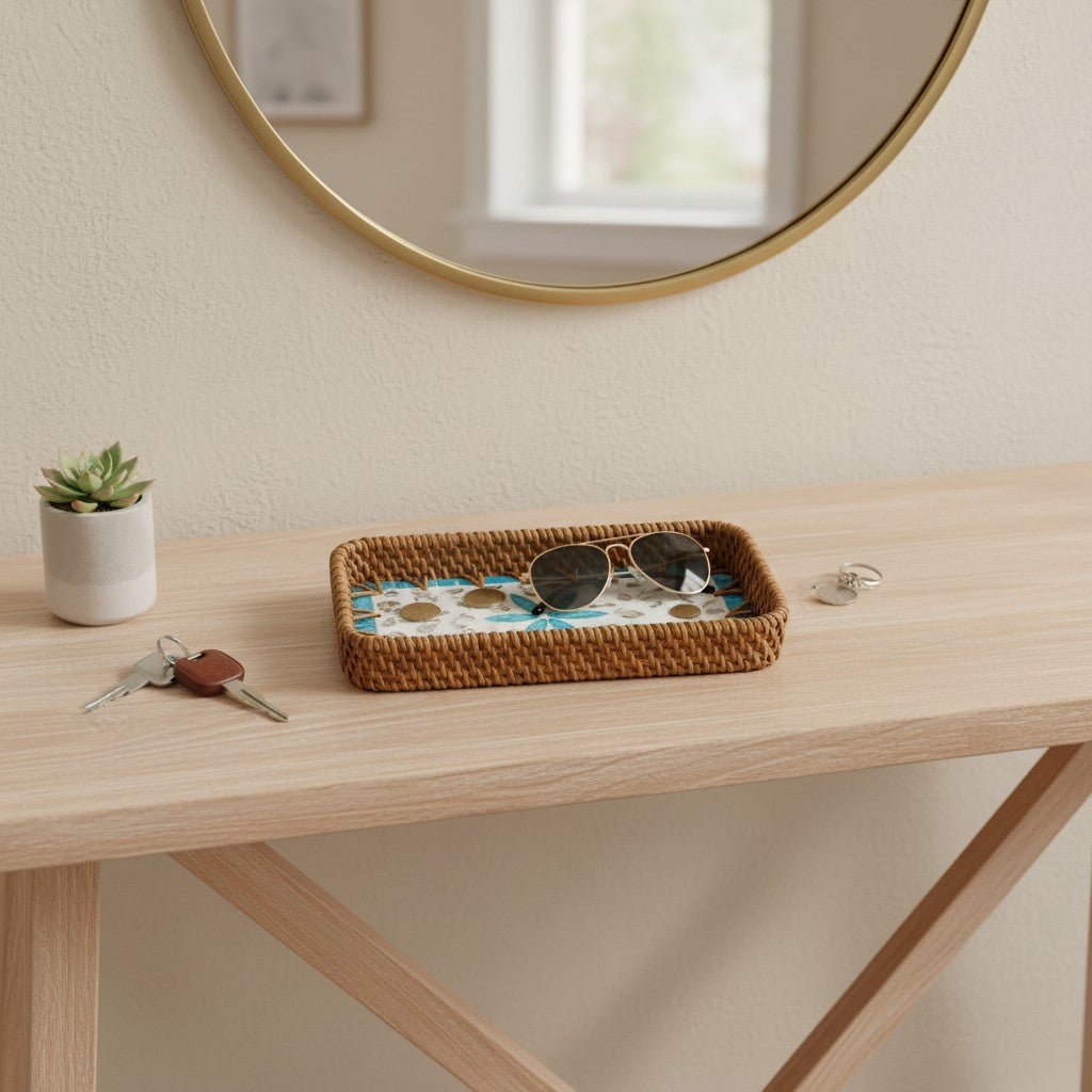 Aqua Daisy Vanity Tray used as a compact catch-all tray on a console table