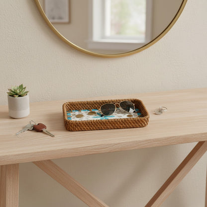 Aqua Daisy Vanity Tray used as a compact catch-all tray on a console table