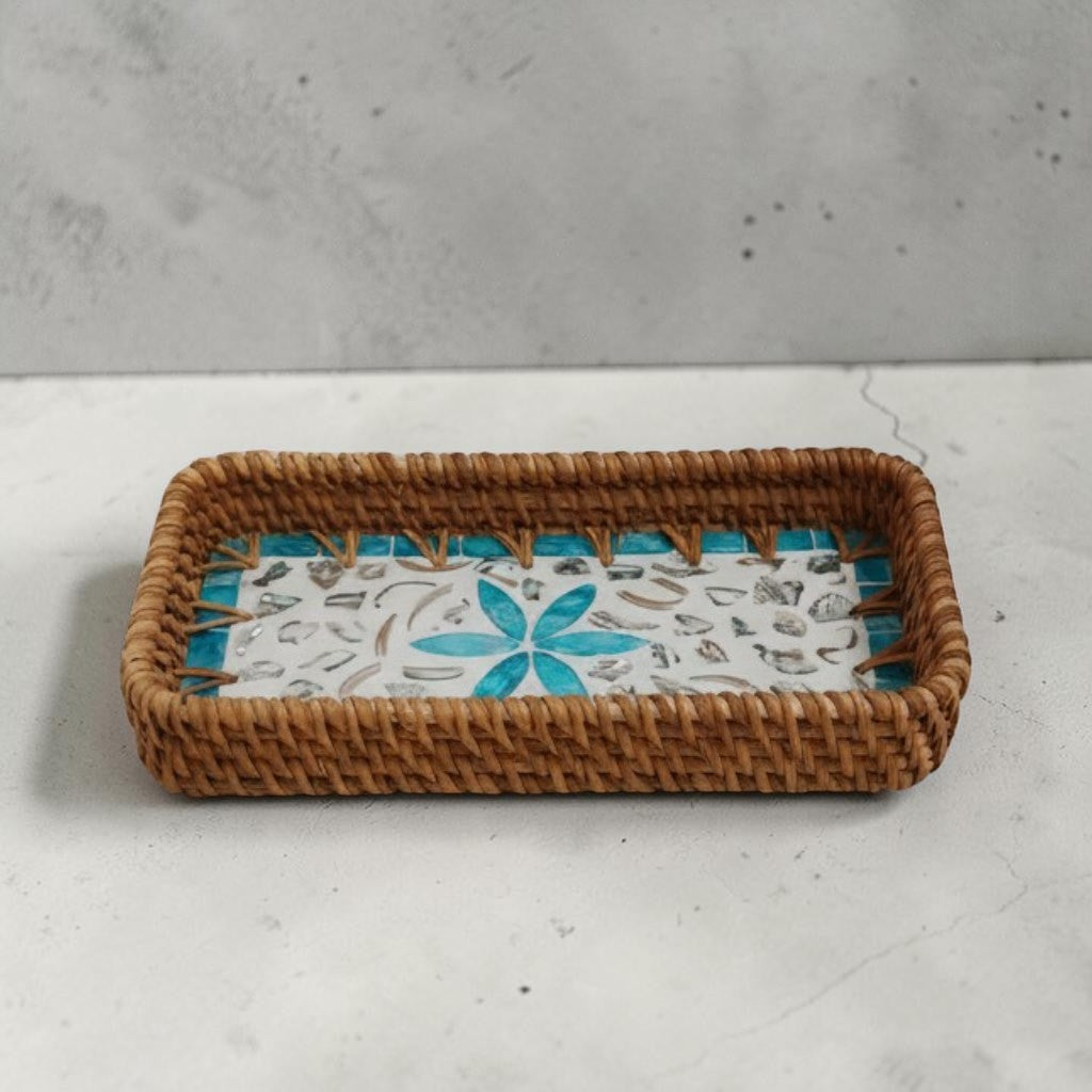 Aqua Daisy Vanity Tray with aqua mother-of-pearl floral inlay and handwoven rattan rim