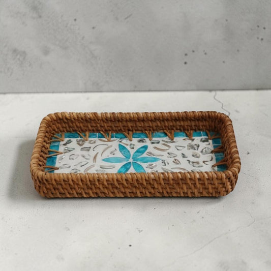 Aqua Daisy Vanity Tray with aqua mother-of-pearl floral inlay and handwoven rattan rim