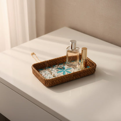 Aqua Daisy Vanity Tray styled on a vanity table with perfume and small essentials