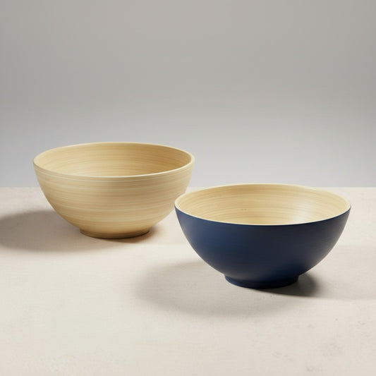 Aura Spun Bamboo Serving Bowls in Natural and Deep Blue with natural bamboo interiors