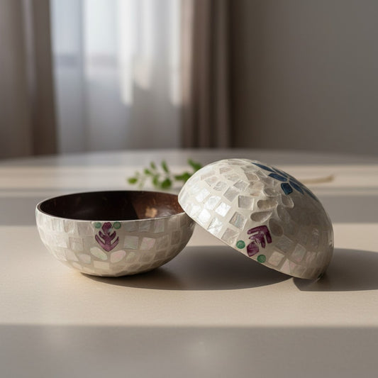 Blush Leaf coconut bowls styled on a soft neutral tabletop