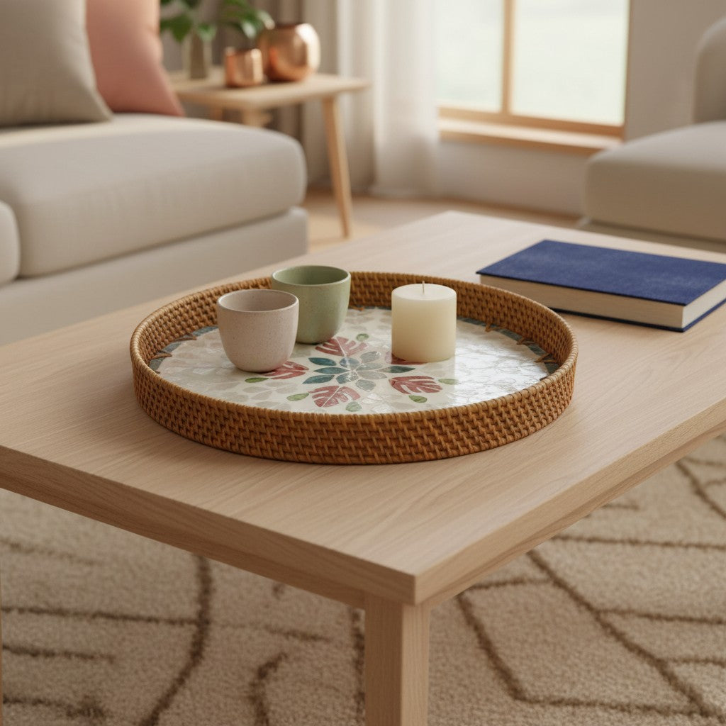 Blush Leaf round tray styled on coffee table with cup and candle in living room