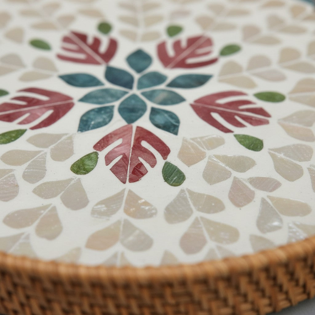 Close-up of handwoven rattan rim on Blush Leaf round tray