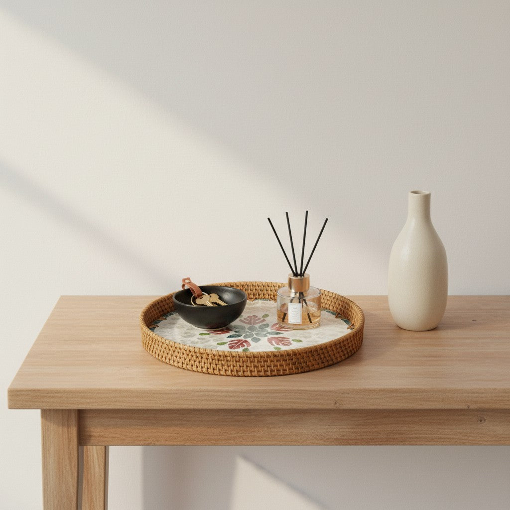 Blush Leaf round tray styled on console table with diffuser and decorative accents