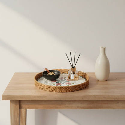Blush Leaf round tray styled on console table with diffuser and decorative accents