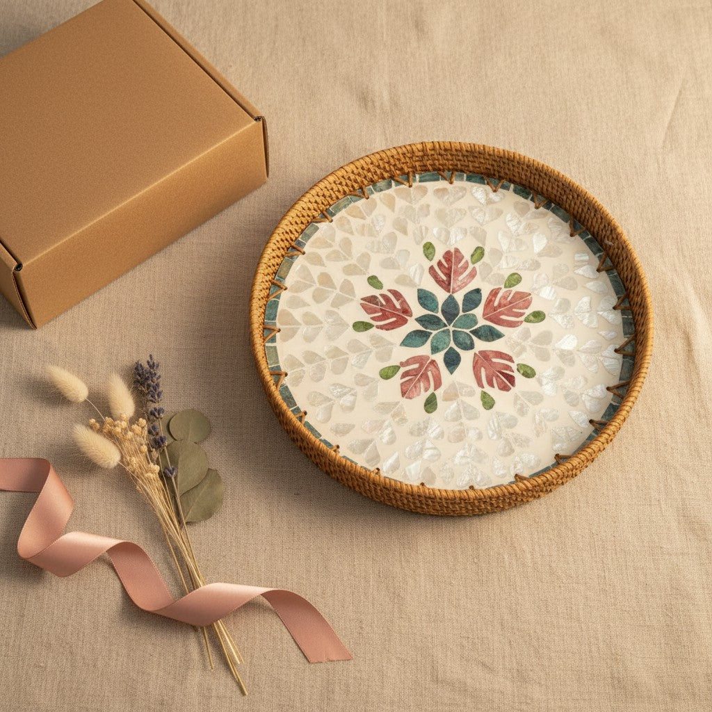 Blush Leaf round tray styled as a handcrafted gifting piece with ribbon and flowers