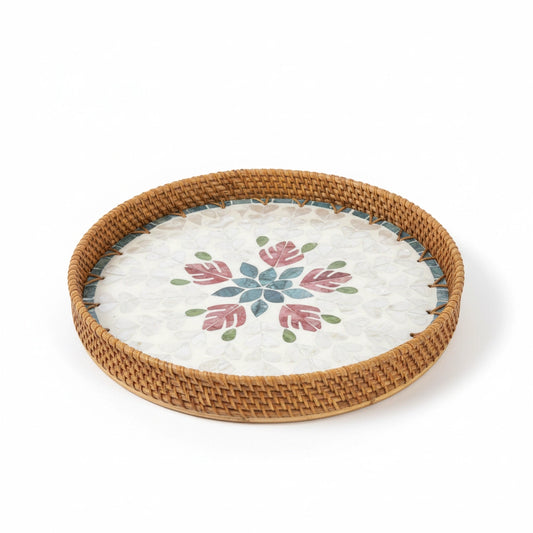 Close-up of Blush Leaf mother-of-pearl floral mosaic in blush, teal and green
