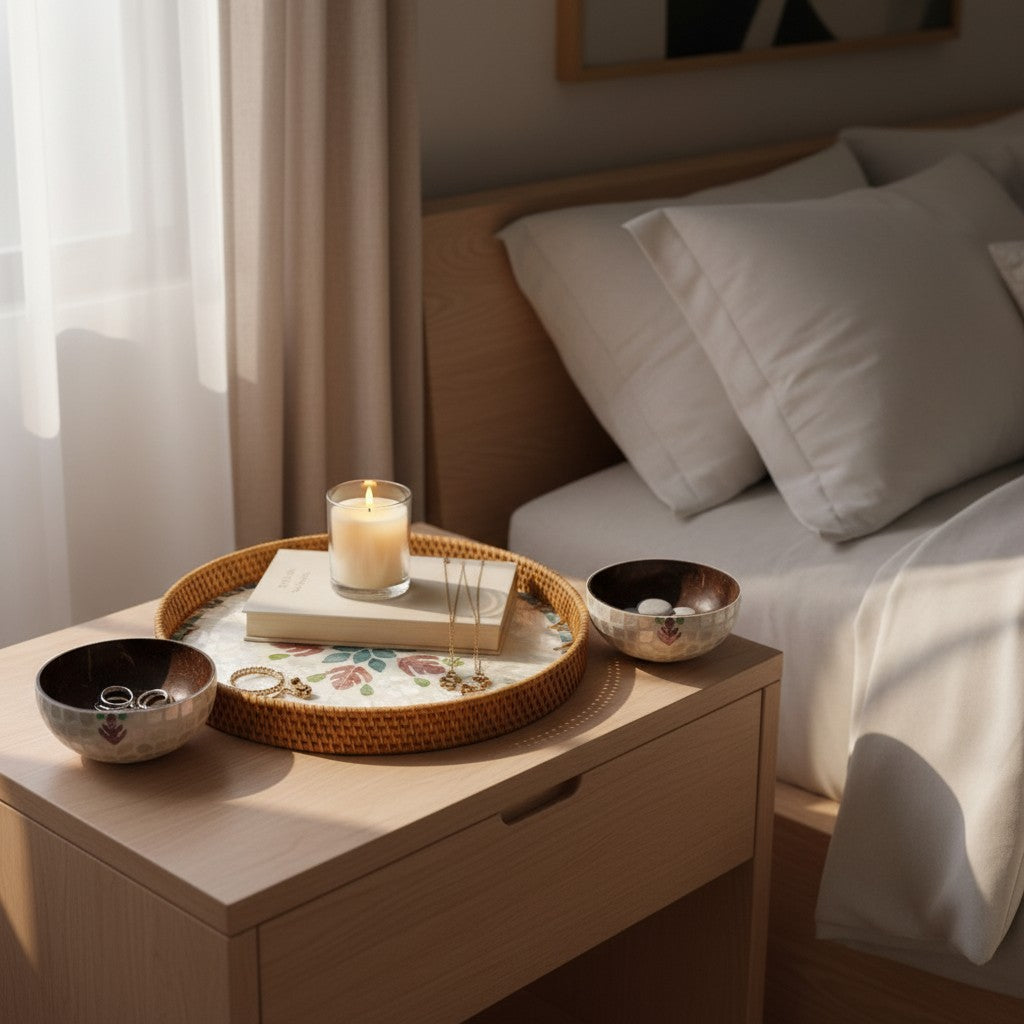 Blush Leaf tray and coconut bowl set styled on a bedside table with candle and decor accents