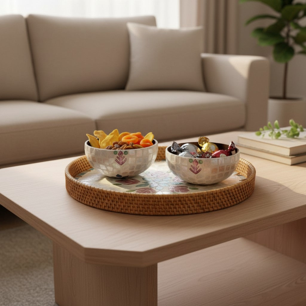 Blush Leaf tray and coconut bowl set used for dry fruits and snacks on a coffee table