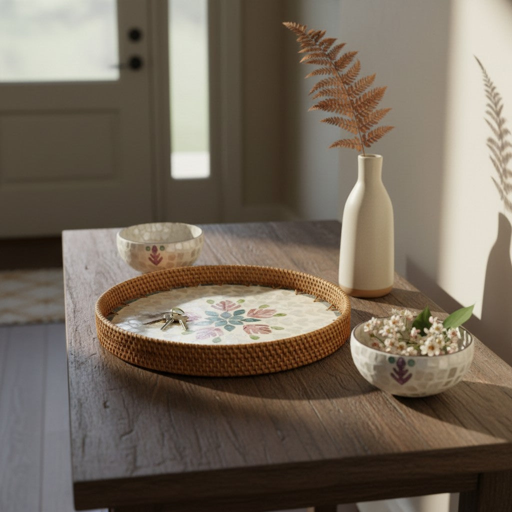 Blush Leaf tray and coconut bowl set styled on a console table with vase and home decor accents